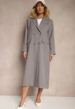 Szary Płaszcz o Dwurzędowym Kroju w Stylu Marynarki w Paski Lanaritia