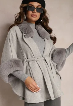 Szary Płaszcz Ponczo z Wiskozy z Paskiem i Futerkiem Roymessa