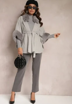 Szary Płaszcz Ponczo z Wiskozy z Paskiem i Futerkiem Roymessa
