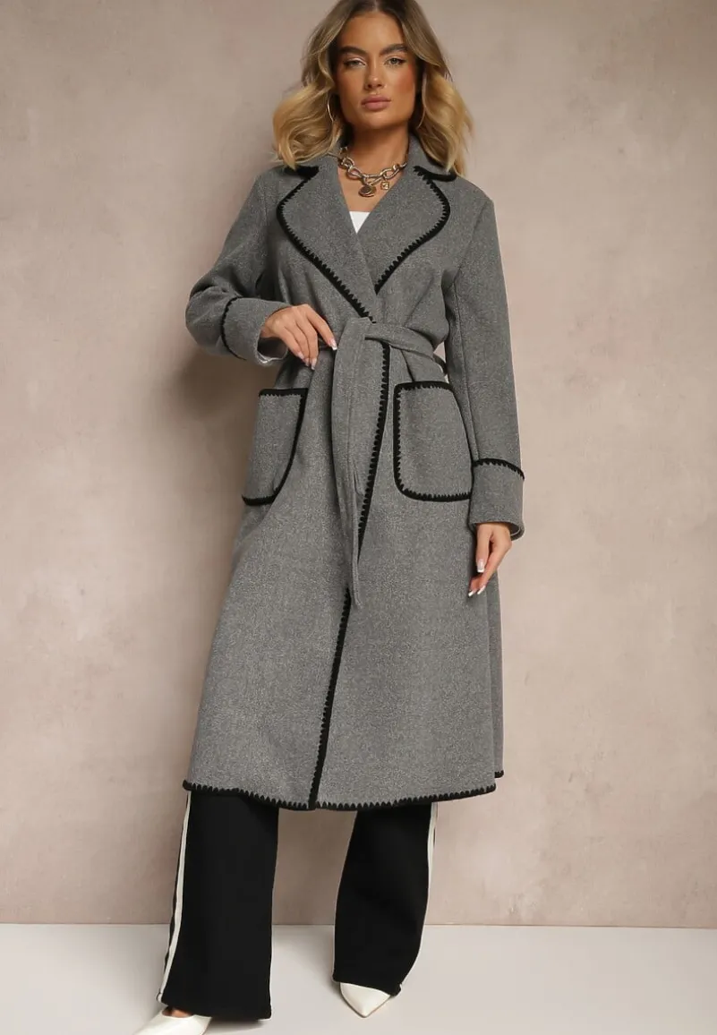 Szary Płaszcz Szlafrokowy z Wiązanym Paskiem Zdobiony Przeszyciami Enamia