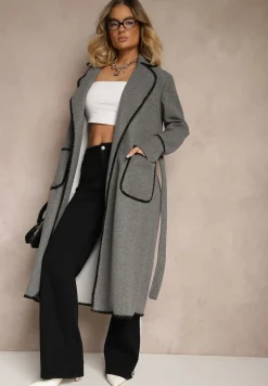 Szary Płaszcz Szlafrokowy z Wiązanym Paskiem Zdobiony Przeszyciami Enamia