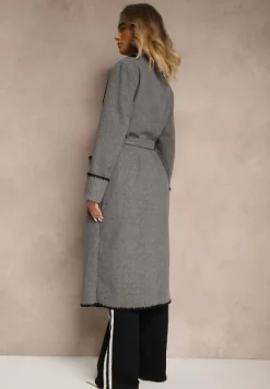 Szary Płaszcz Szlafrokowy z Wiązanym Paskiem Zdobiony Przeszyciami Enamia