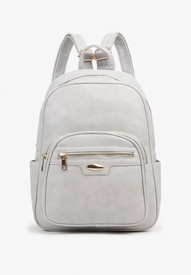 Szary Plecak na Regulowanych Szelkach z Ekoskóry ze Złotymi Detalami Sanu