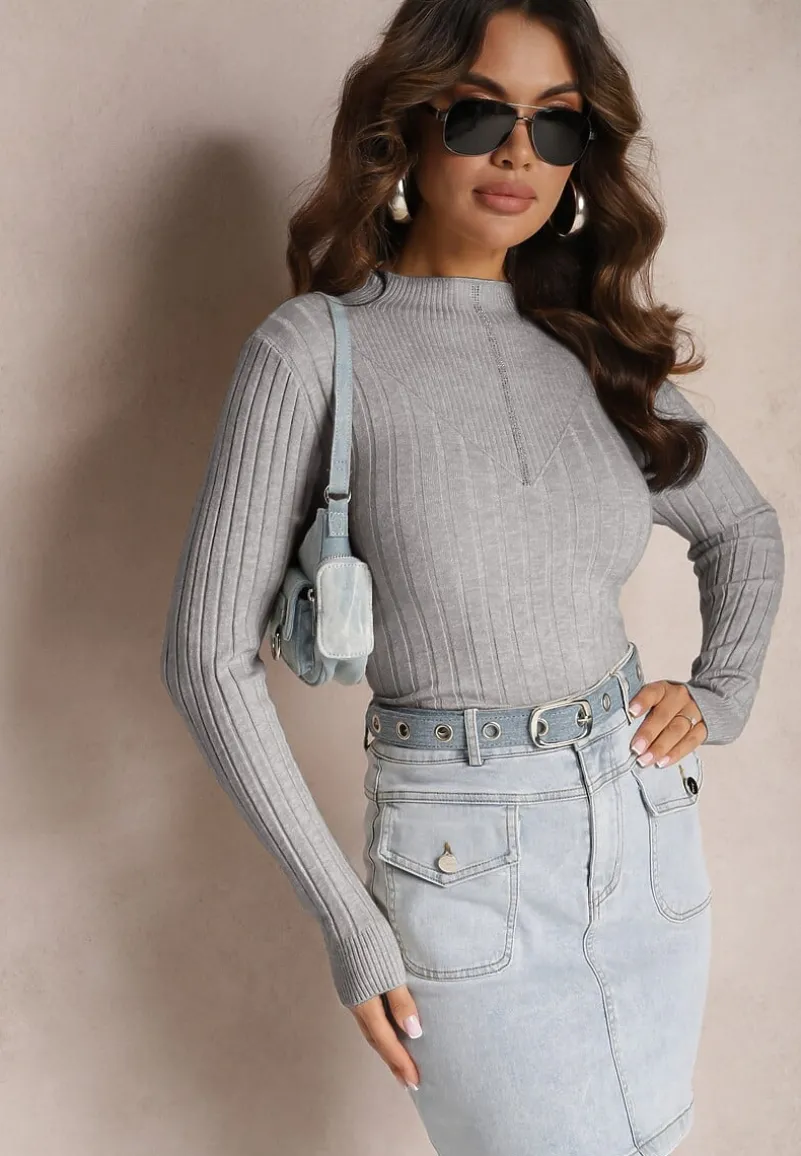 Szary Prążkowany Golf z Cyrkoniami Munize