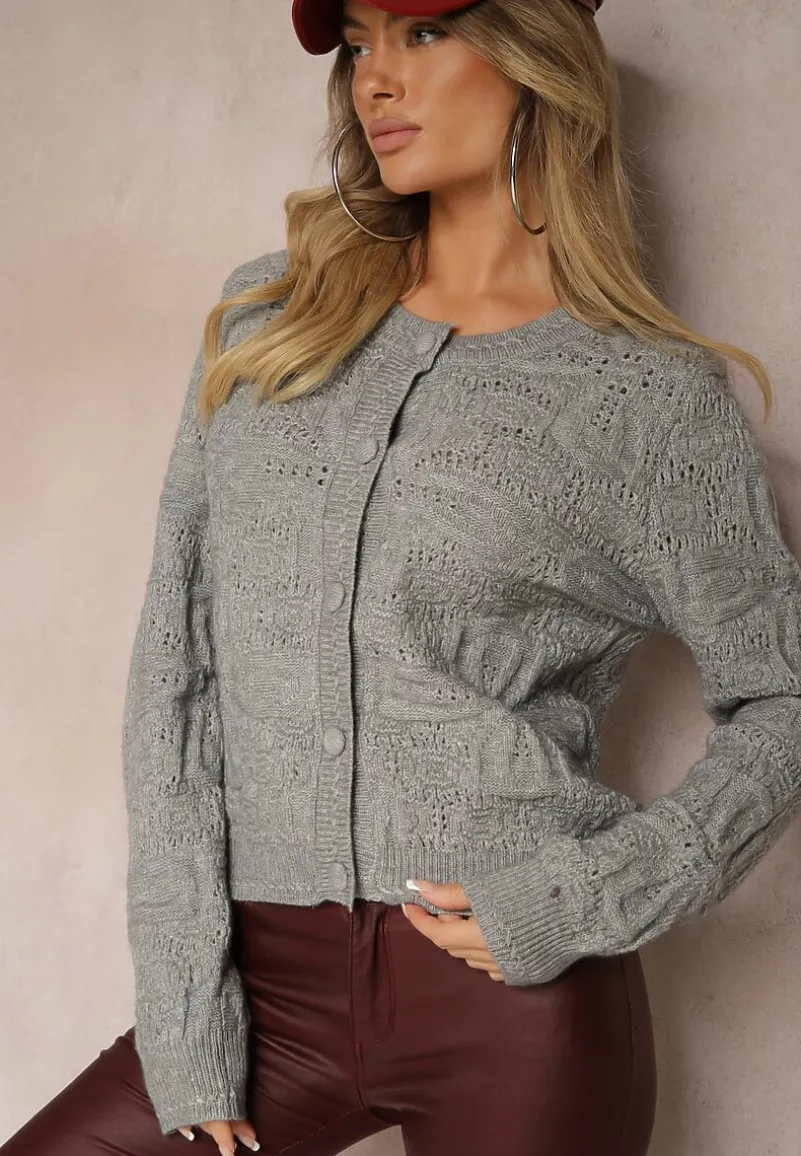 Szary Pudełkowy Kardigan z Wełną i Wiskozą o Tłoczonym Splocie Vaitra