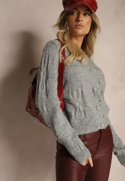 Szary Pudełkowy Kardigan z Wełną i Wiskozą o Tłoczonym Splocie Vaitra