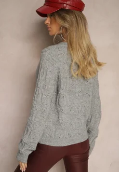 Szary Pudełkowy Kardigan z Wełną i Wiskozą o Tłoczonym Splocie Vaitra