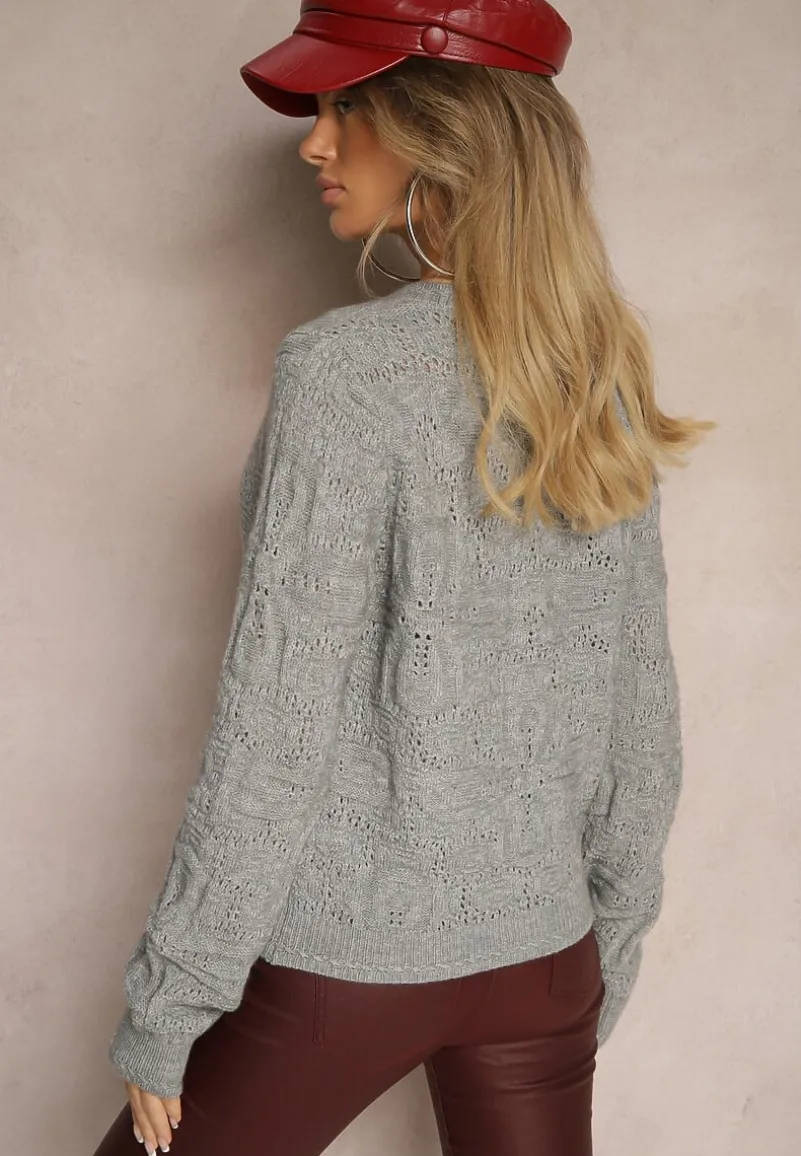 Szary Pudełkowy Kardigan z Wełną i Wiskozą o Tłoczonym Splocie Vaitra