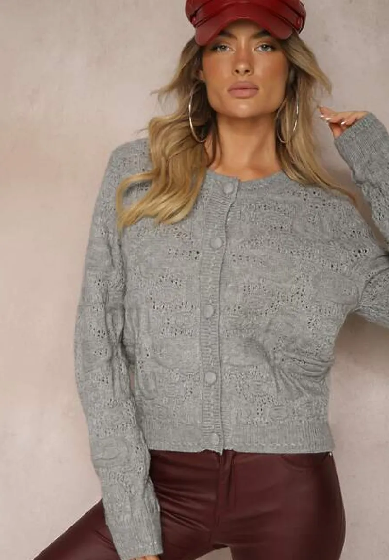 Szary Pudełkowy Kardigan z Wełną i Wiskozą o Tłoczonym Splocie Vaitra