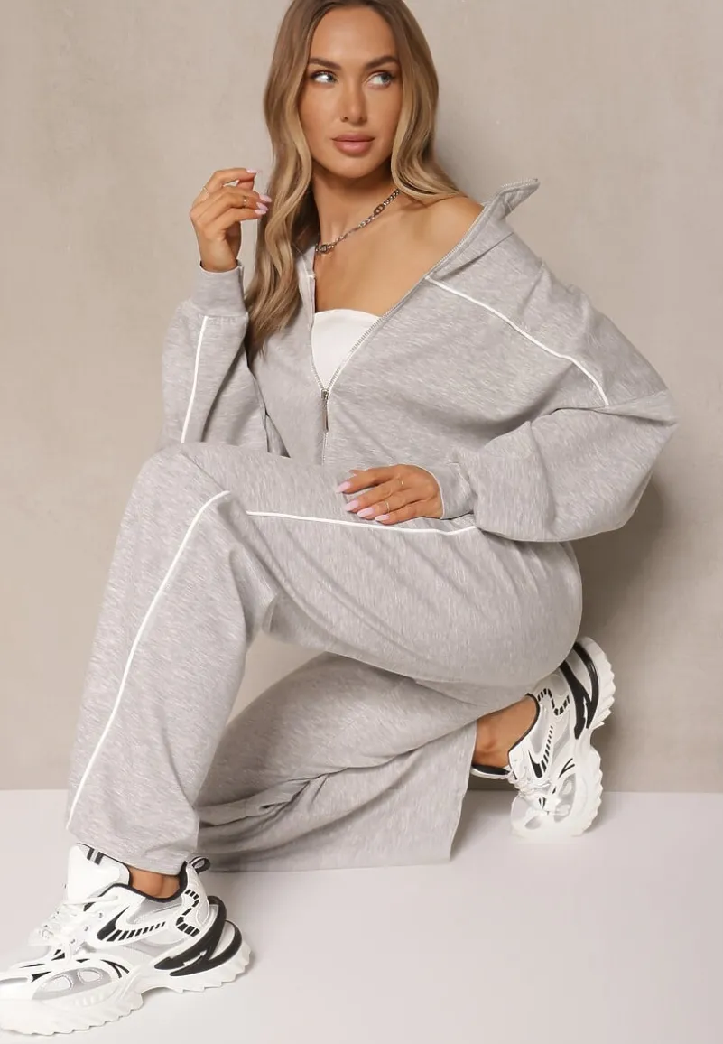 Szary Retro Komplet Dresowy z Wiskozą Bluza i Spodnie o Szerokim Kroju Selriza