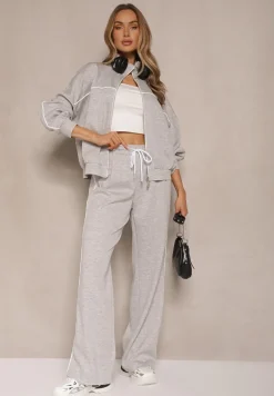 Szary Retro Komplet Dresowy z Wiskozą Bluza i Spodnie o Szerokim Kroju Selriza