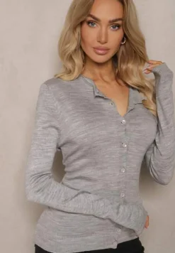 Szary Rozpinany Kardigan Ozdobiony Ściągaczem Omelle