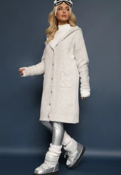 Szary Rozpinany Kardigan z Dodatkiem Wiskozy i Kapturem Ozdobiony Kieszeniami Olianne