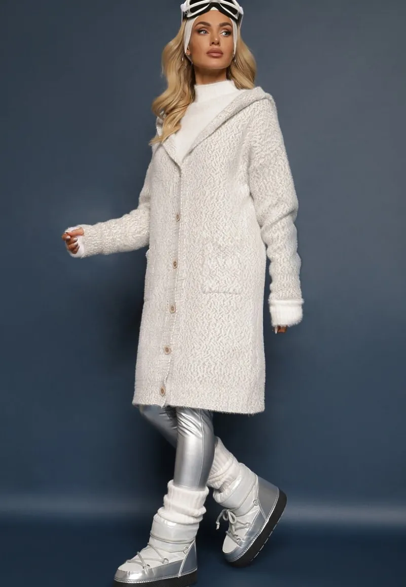 Szary Rozpinany Kardigan z Dodatkiem Wiskozy i Kapturem Ozdobiony Kieszeniami Olianne