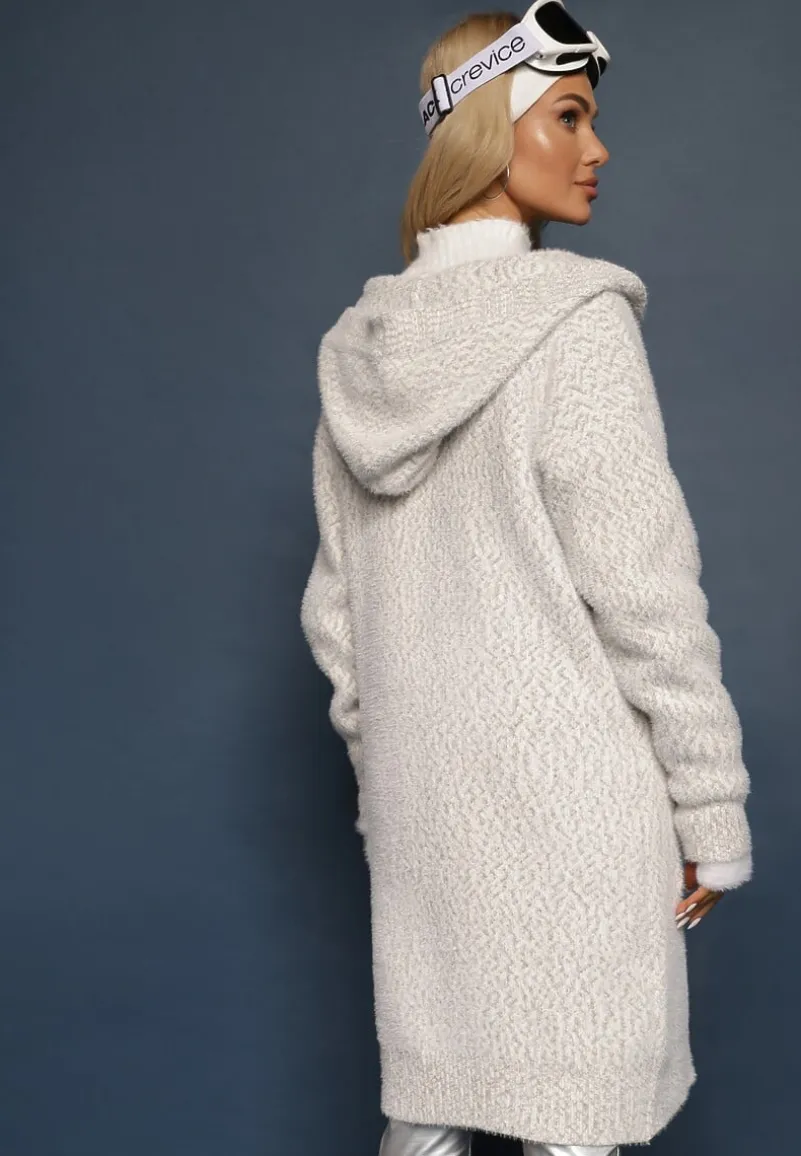 Szary Rozpinany Kardigan z Dodatkiem Wiskozy i Kapturem Ozdobiony Kieszeniami Olianne