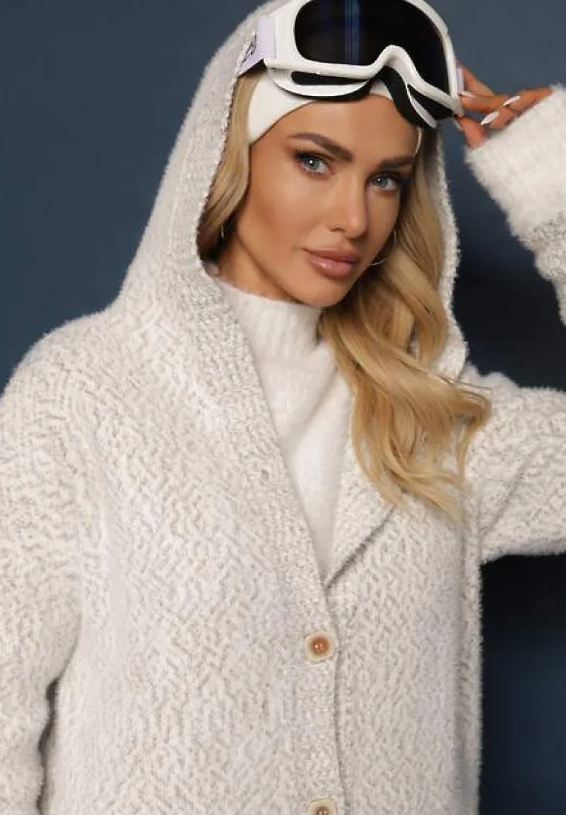 Szary Rozpinany Kardigan z Dodatkiem Wiskozy i Kapturem Ozdobiony Kieszeniami Olianne