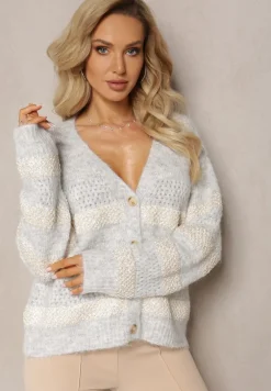 Szary Rozpinany Kardigan z Domieszką Wełny i Cekinami Bleria