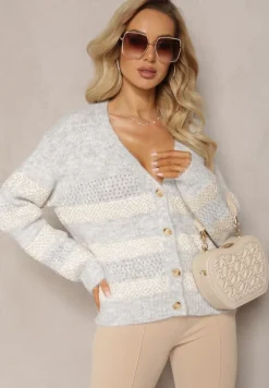 Szary Rozpinany Kardigan z Domieszką Wełny i Cekinami Bleria