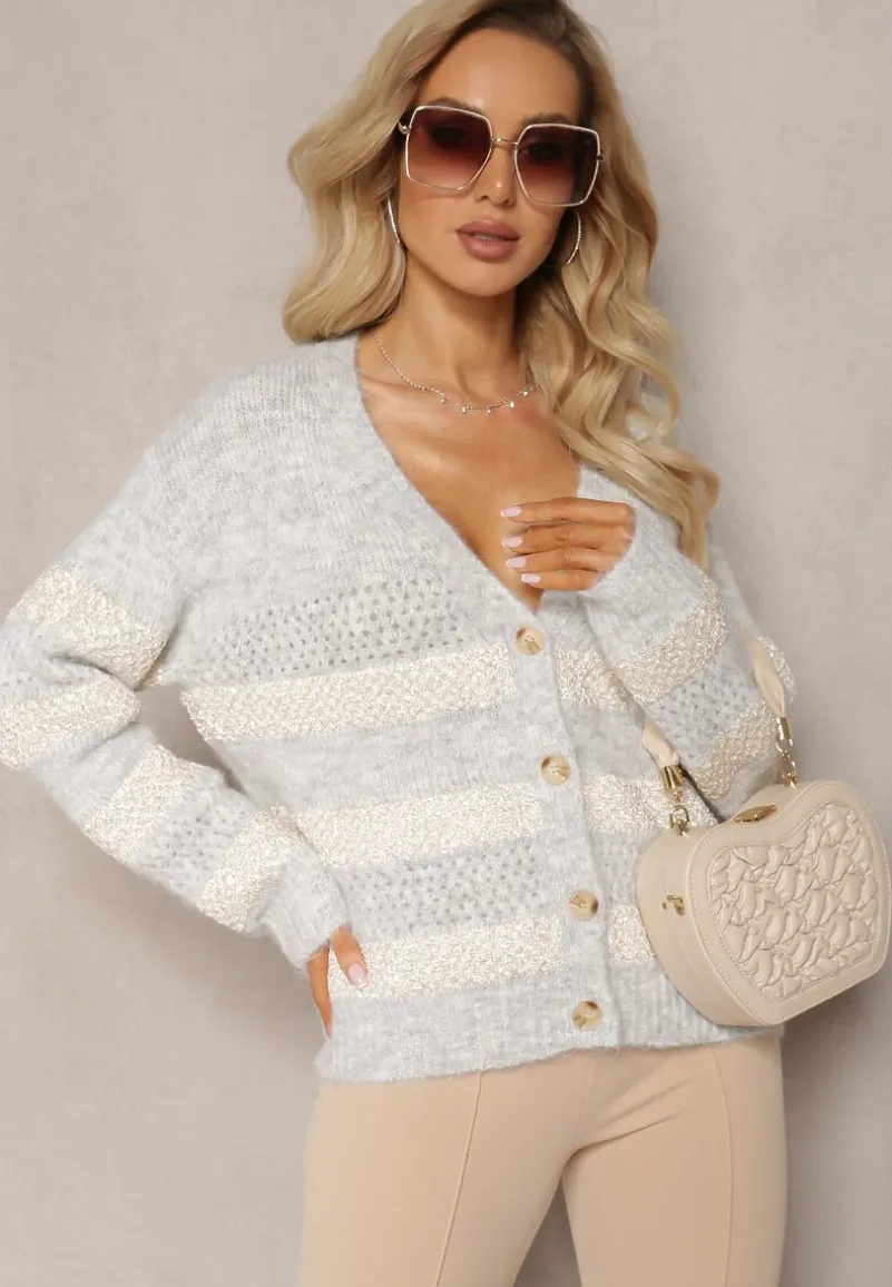 Szary Rozpinany Kardigan z Domieszką Wełny i Cekinami Bleria