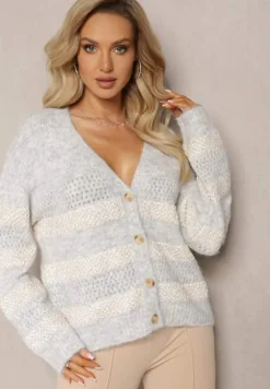 Szary Rozpinany Kardigan z Domieszką Wełny i Cekinami Bleria