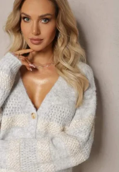 Szary Rozpinany Kardigan z Domieszką Wełny i Cekinami Bleria