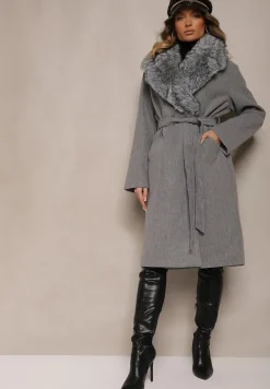 Szary Stylowy Płaszcz o Dwurzędowym Fasonie z Kołnierzem z Futerka i Paskiem Delarwen