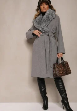 Szary Stylowy Płaszcz o Dwurzędowym Fasonie z Kołnierzem z Futerka i Paskiem Delarwen