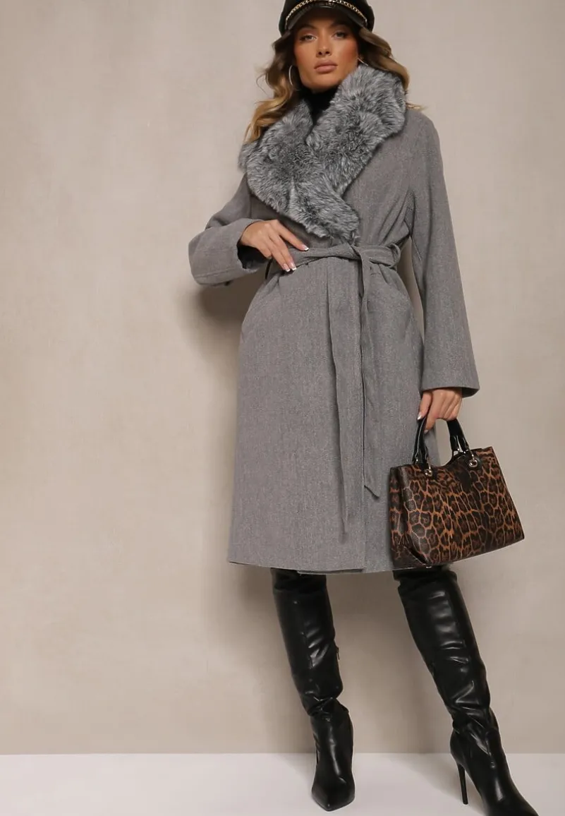 Szary Stylowy Płaszcz o Dwurzędowym Fasonie z Kołnierzem z Futerka i Paskiem Delarwen