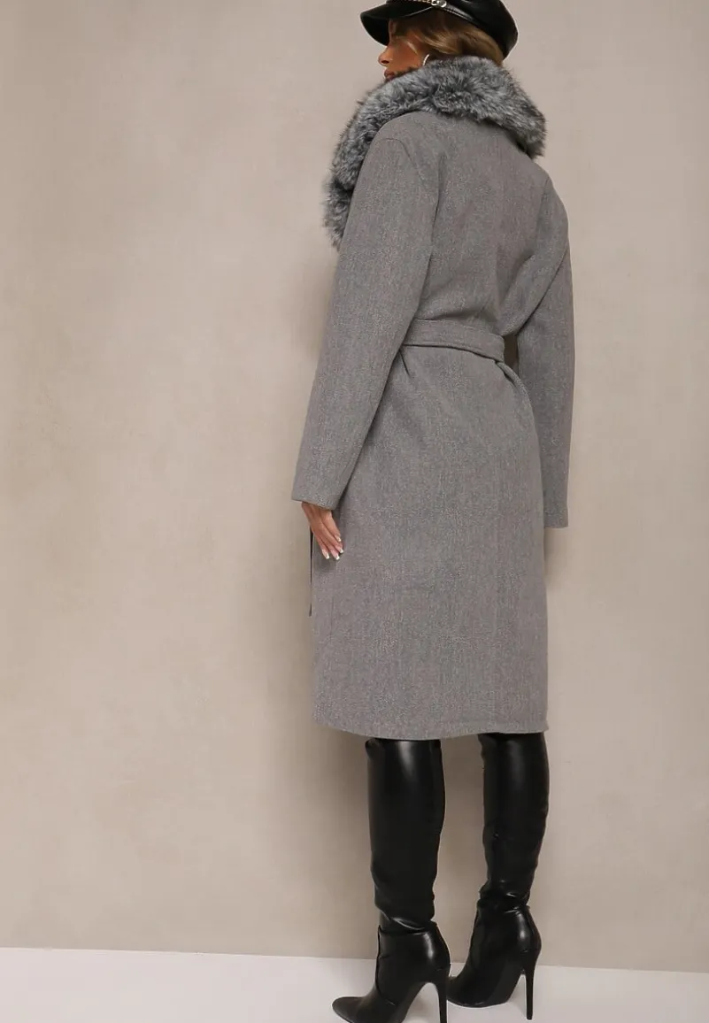 Szary Stylowy Płaszcz o Dwurzędowym Fasonie z Kołnierzem z Futerka i Paskiem Delarwen