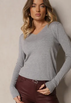 Szary Sweter z Bawełną i Trójkątnym Dekoltem Eulinevia
