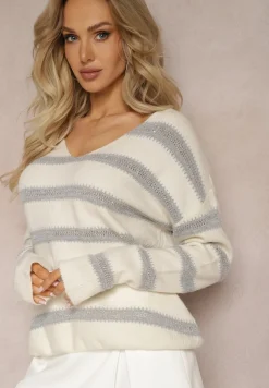 Szary Sweter z Dekoltem w Serek Ozdobiony Błyszczącymi Paskami Keiria