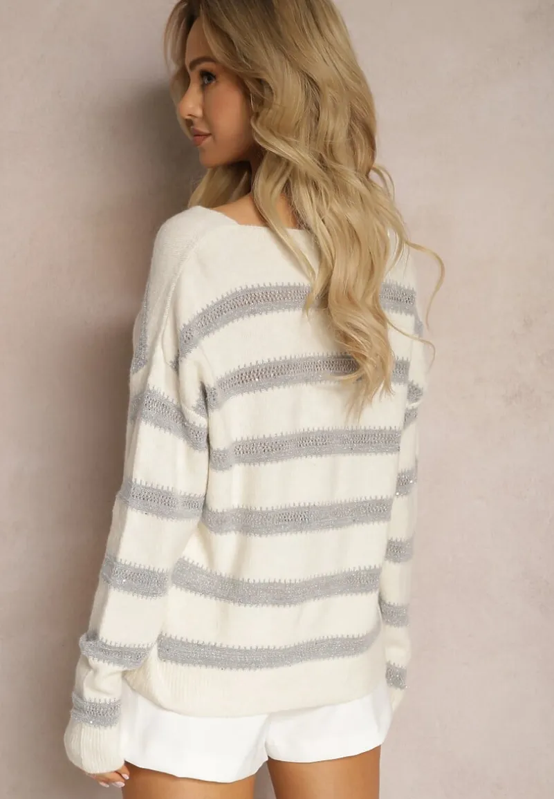 Szary Sweter z Dekoltem w Serek Ozdobiony Błyszczącymi Paskami Keiria