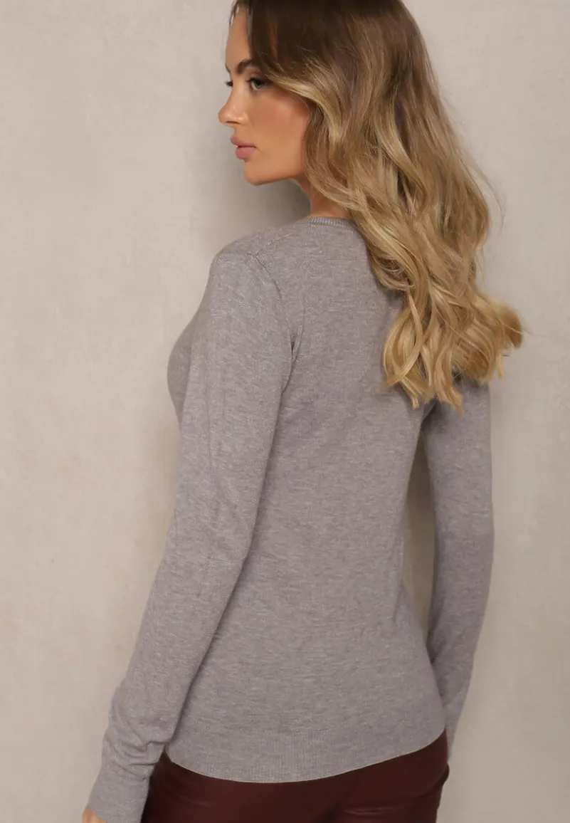 Szary Sweter z Dodatkiem Kaszmiru i Wełny o Trójkątnym Dekolcie Vainara