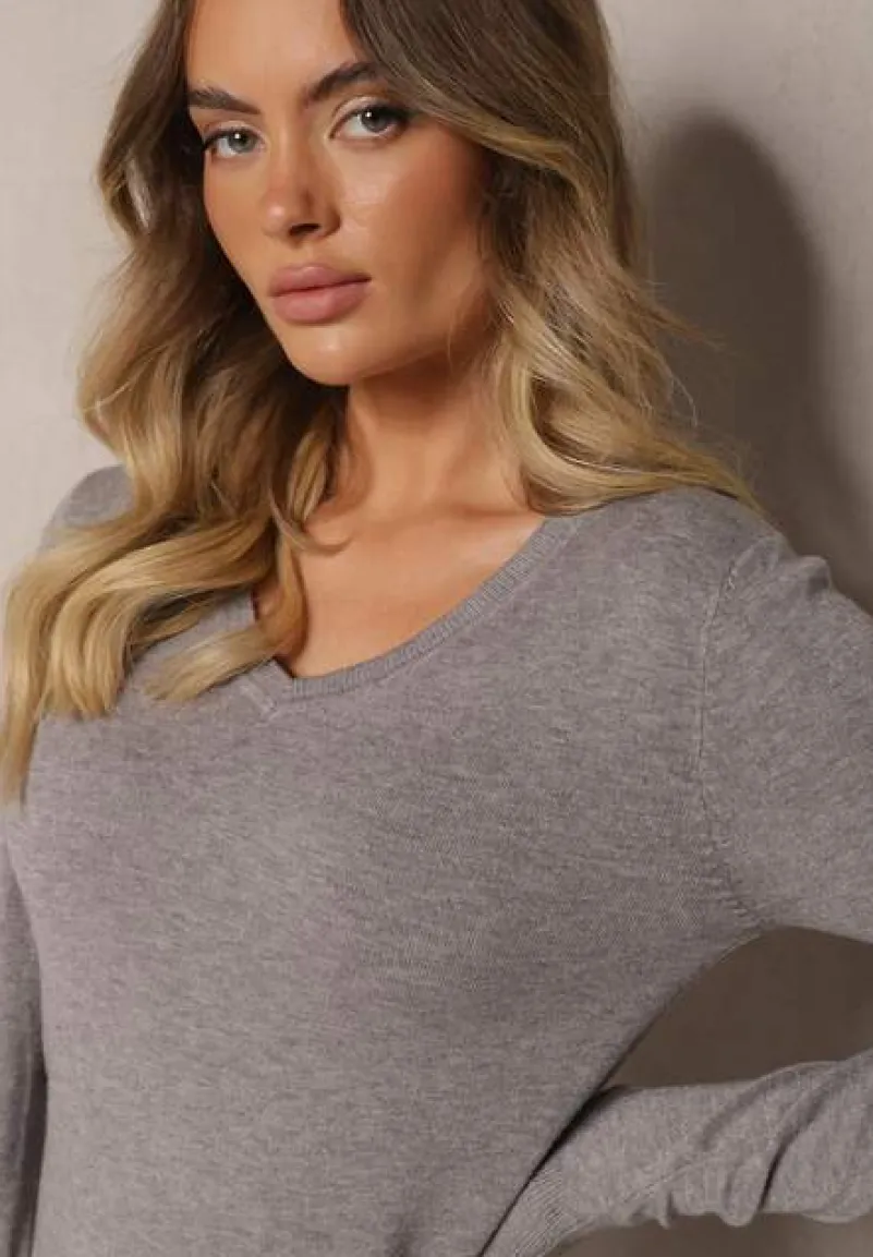 Szary Sweter z Dodatkiem Kaszmiru i Wełny o Trójkątnym Dekolcie Vainara