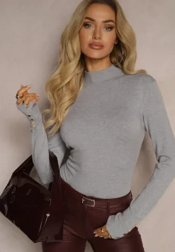 Szary Sweter z Półgolfem i Ozdobnymi Guzikami Delahra