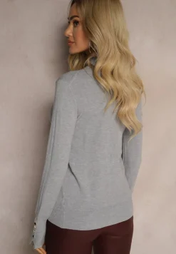 Szary Sweter z Półgolfem i Ozdobnymi Guzikami Delahra