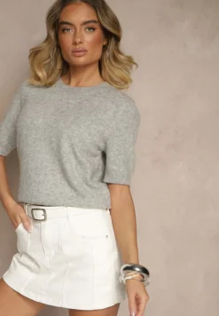 Szary Sweter z Wełną Krótkim Rękawem Ozdobiony Ściągaczami Emiralin