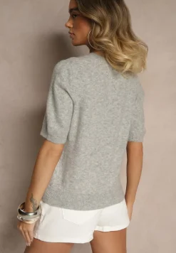 Szary Sweter z Wełną Krótkim Rękawem Ozdobiony Ściągaczami Emiralin