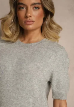 Szary Sweter z Wełną Krótkim Rękawem Ozdobiony Ściągaczami Emiralin