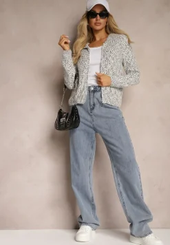 Szary Zasuwany Kardigan z Melanżowej Dzianiny z Wełną z Kapturem Daisline