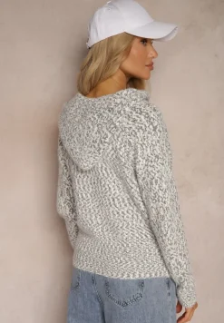 Szary Zasuwany Kardigan z Melanżowej Dzianiny z Wełną z Kapturem Daisline