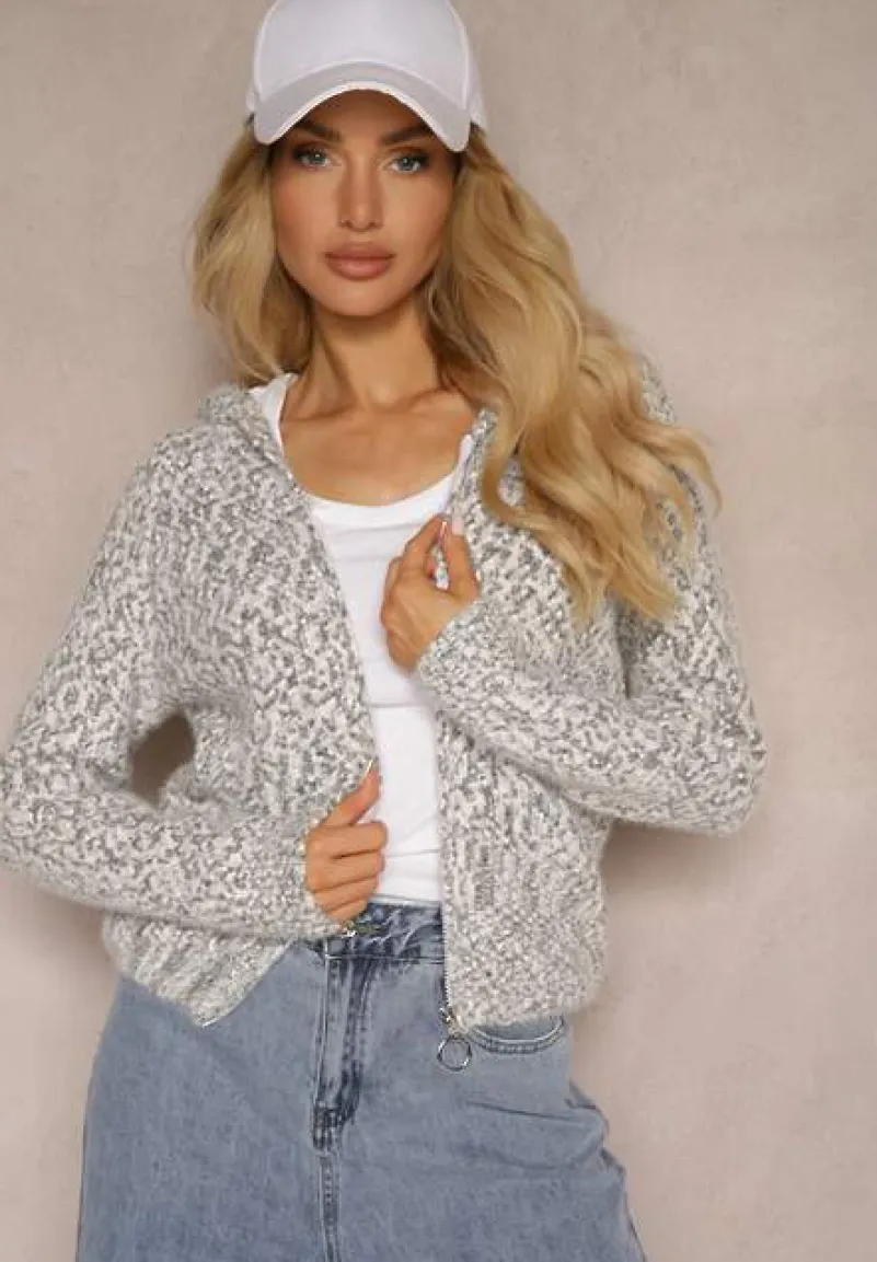 Szary Zasuwany Kardigan z Melanżowej Dzianiny z Wełną z Kapturem Daisline