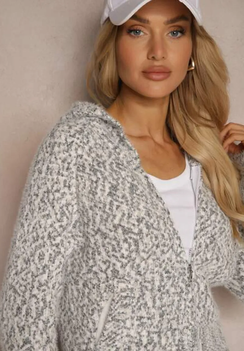 Szary Zasuwany Kardigan z Melanżowej Dzianiny z Wełną z Kapturem Daisline