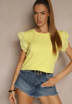 Żółta Bawełniana Bluzka z Krótkim Rękawem z Ażurowej Falbanki Voanira