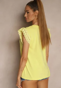 Żółta Bawełniana Bluzka z Krótkim Rękawem z Ażurowej Falbanki Voanira