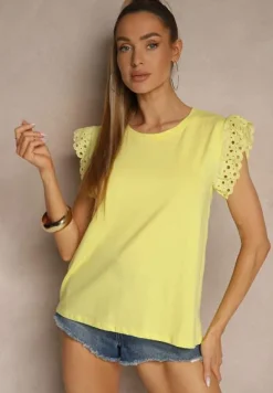 Żółta Bawełniana Bluzka z Krótkim Rękawem z Ażurowej Falbanki Voanira