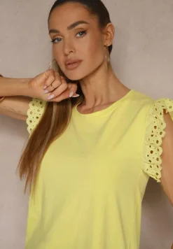 Żółta Bawełniana Bluzka z Krótkim Rękawem z Ażurowej Falbanki Voanira