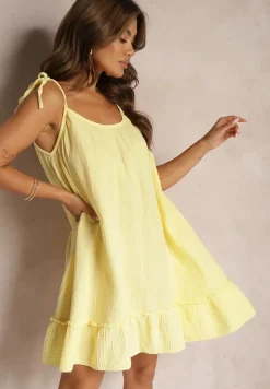 Żółta Bawełniana Sukienka Muślinowa o Pudełkowym Kroju na Ramiączkach z Wiązaniem Xirvia
