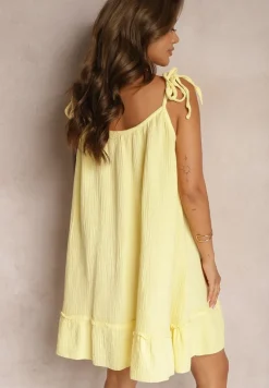 Żółta Bawełniana Sukienka Muślinowa o Pudełkowym Kroju na Ramiączkach z Wiązaniem Xirvia