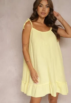 Żółta Bawełniana Sukienka Muślinowa o Pudełkowym Kroju na Ramiączkach z Wiązaniem Xirvia